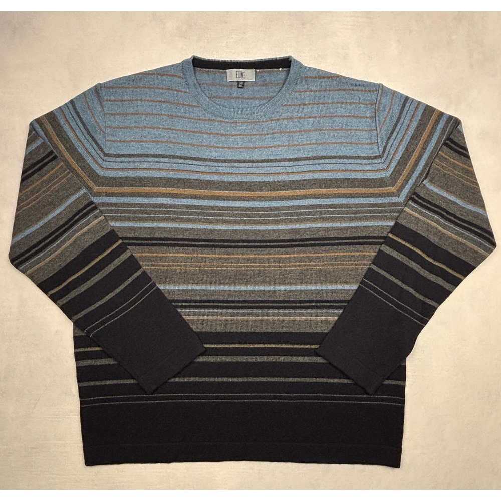 Fiume Mens Merino Wool Blend Striped Crew Neck Sweater Blue Grey Black XXL 56‎